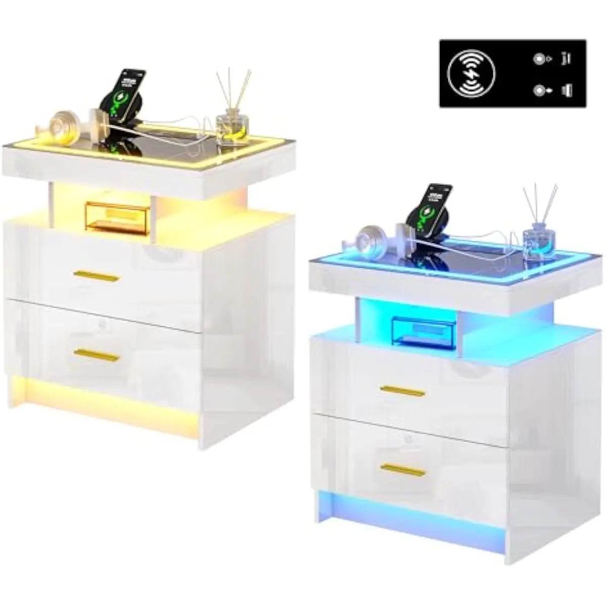 3-drawer LED nightstand set with motion-sensor lighting, wireless charging, USB-C ports, tempered glass top, MDF frame, minimali