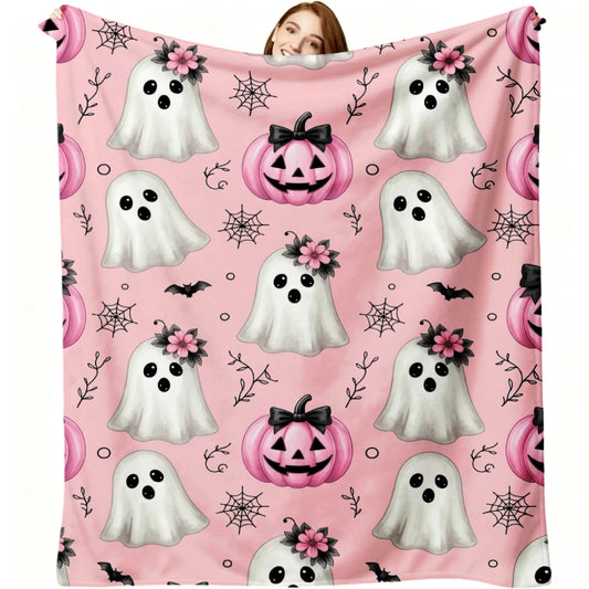 1pc Pink Ghost Pumpkin Spider Web Print Flannel Blanket Soft Comfortable Warm Bed Cover Autumn Winter Season Home Bedroom Sofa Halloween Thanksgiving Christmas Festival Gift