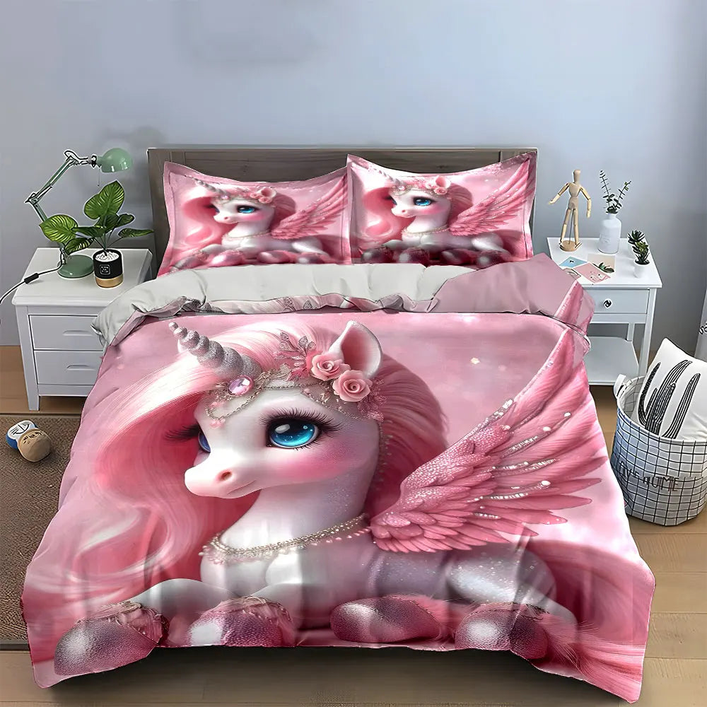 "Unicorn Pink Decor Set" Multiple sizes kid's and adults' bedroom Exquisite 3PC bedding set, gift