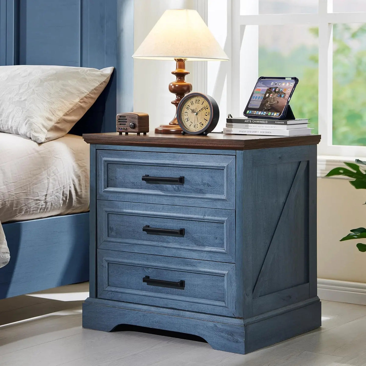 ACCOHOHO Farmhouse Nightstand With Charging Station And Storage Drawers