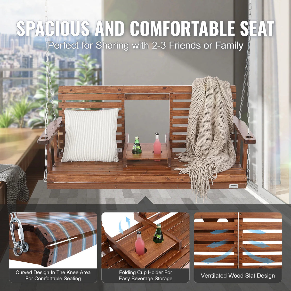 SucceBuy Wooden Porch Swing With Steel Chains For Outdoor Gardens