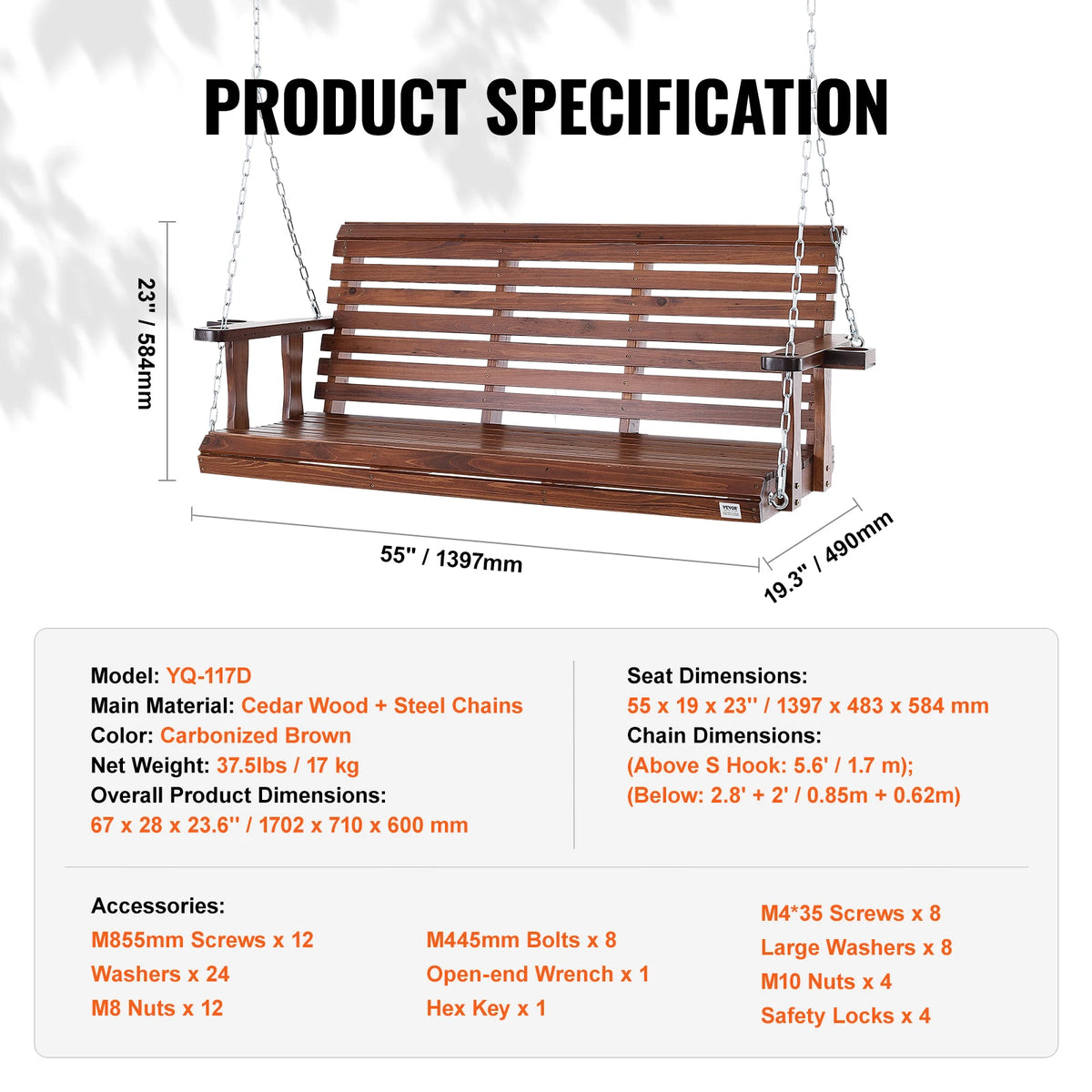 SucceBuy Wooden Porch Swing With Steel Chains For Outdoor Gardens