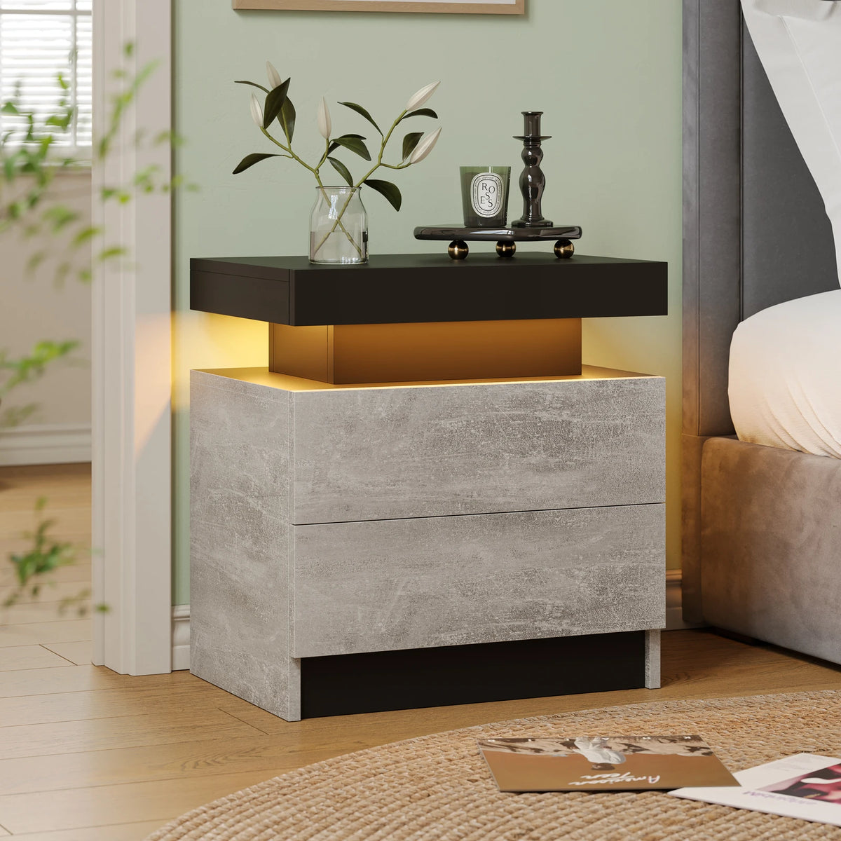 Cubehom Modern LED Nightstand With Two Drawers And RGB Lighting