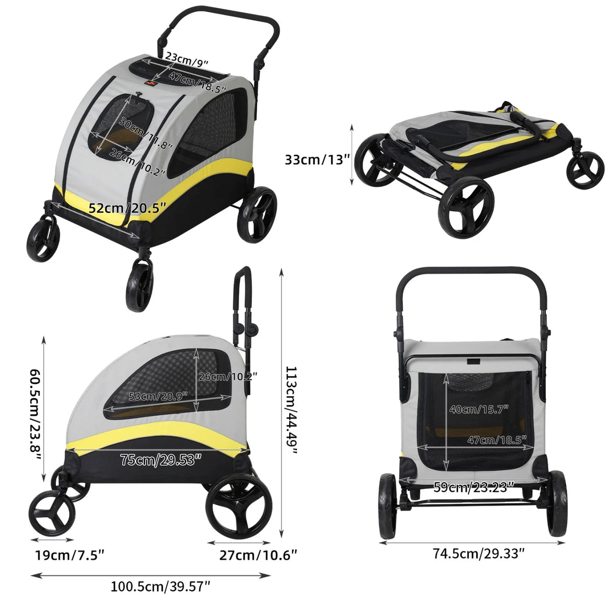 Folding Double Dog Stroller With Zipper Divider And Travel Wheels