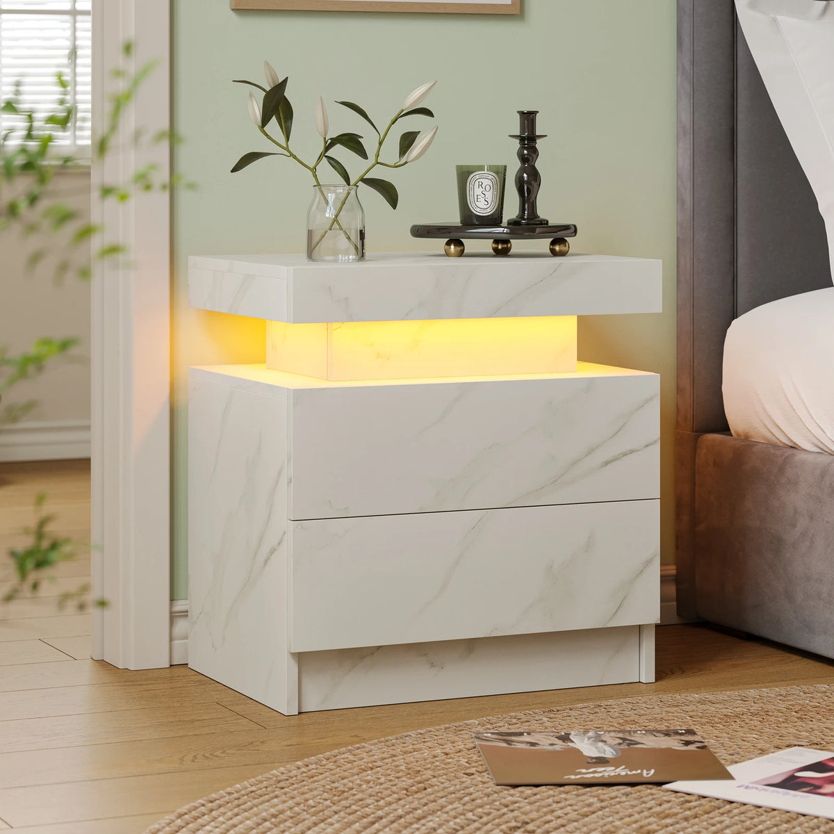 Cubehom Modern LED Nightstand With Two Drawers And RGB Lighting