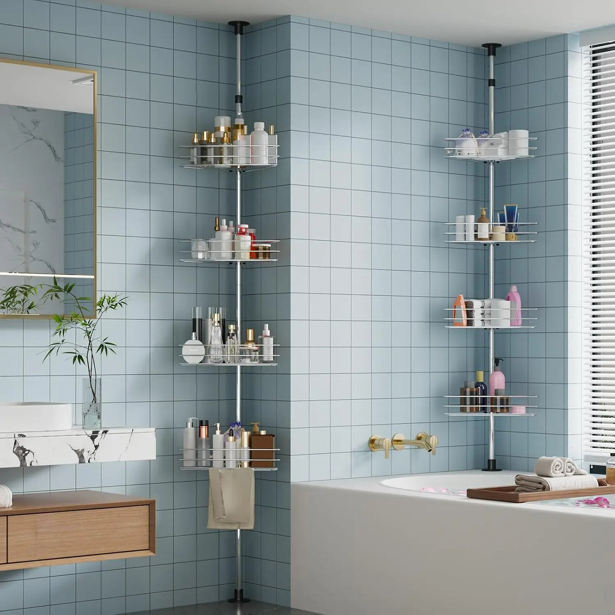 Telescopic Corner Shower Caddy With Four Tier Storage Shelves
