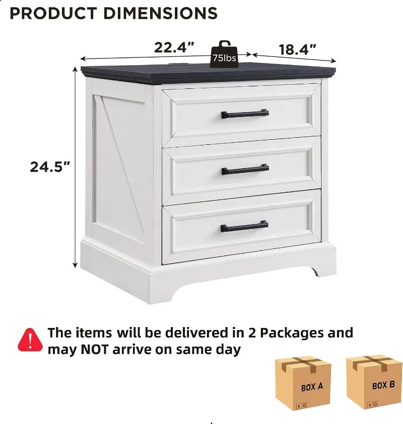 ACCOHOHO Farmhouse Nightstand With Charging Station And Storage Drawers