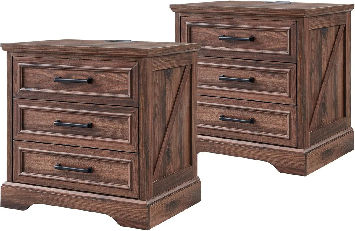 ACCOHOHO Farmhouse Nightstand With Charging Station And Storage Drawers