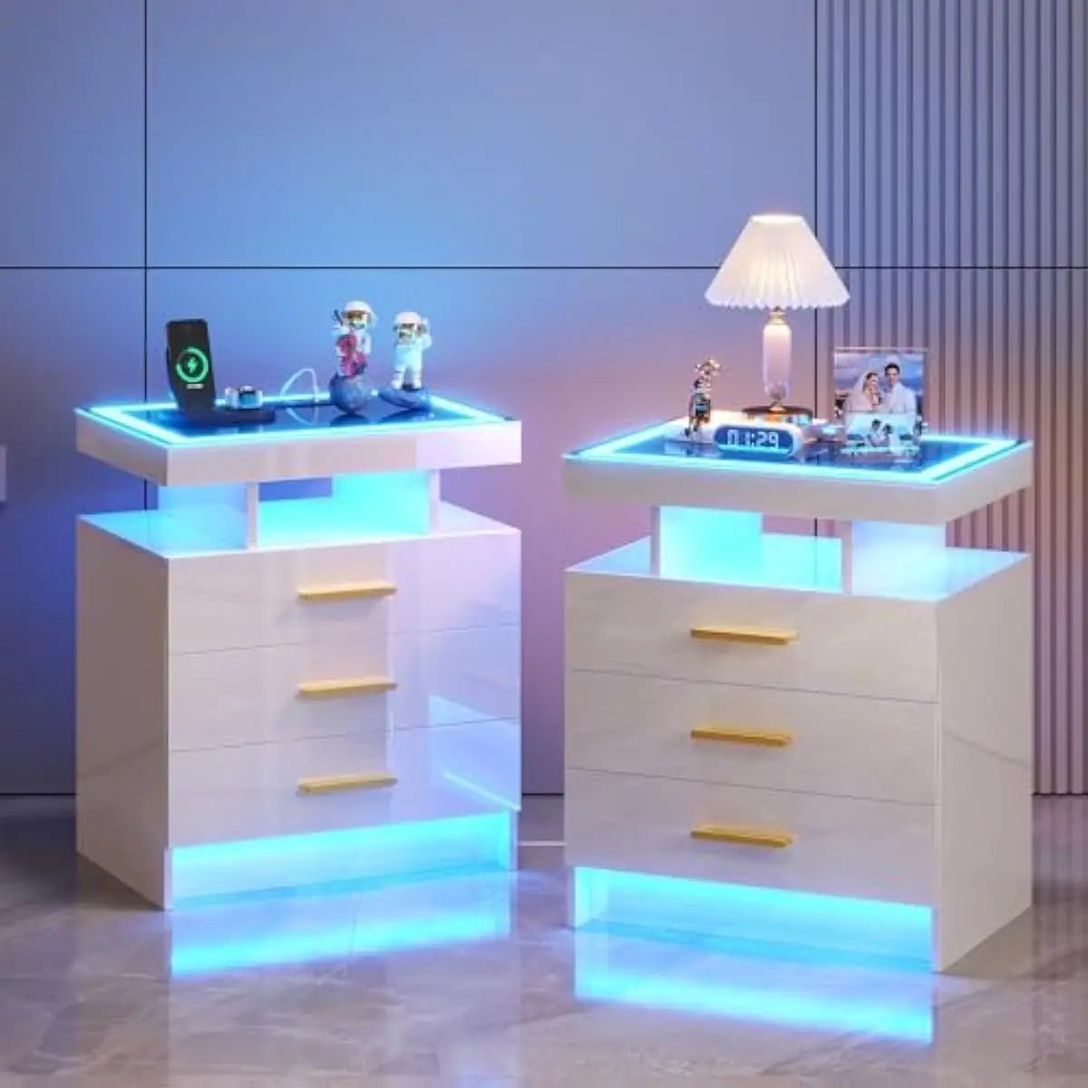 3-drawer LED nightstand set with motion-sensor lighting, wireless charging, USB-C ports, tempered glass top, MDF frame, minimali