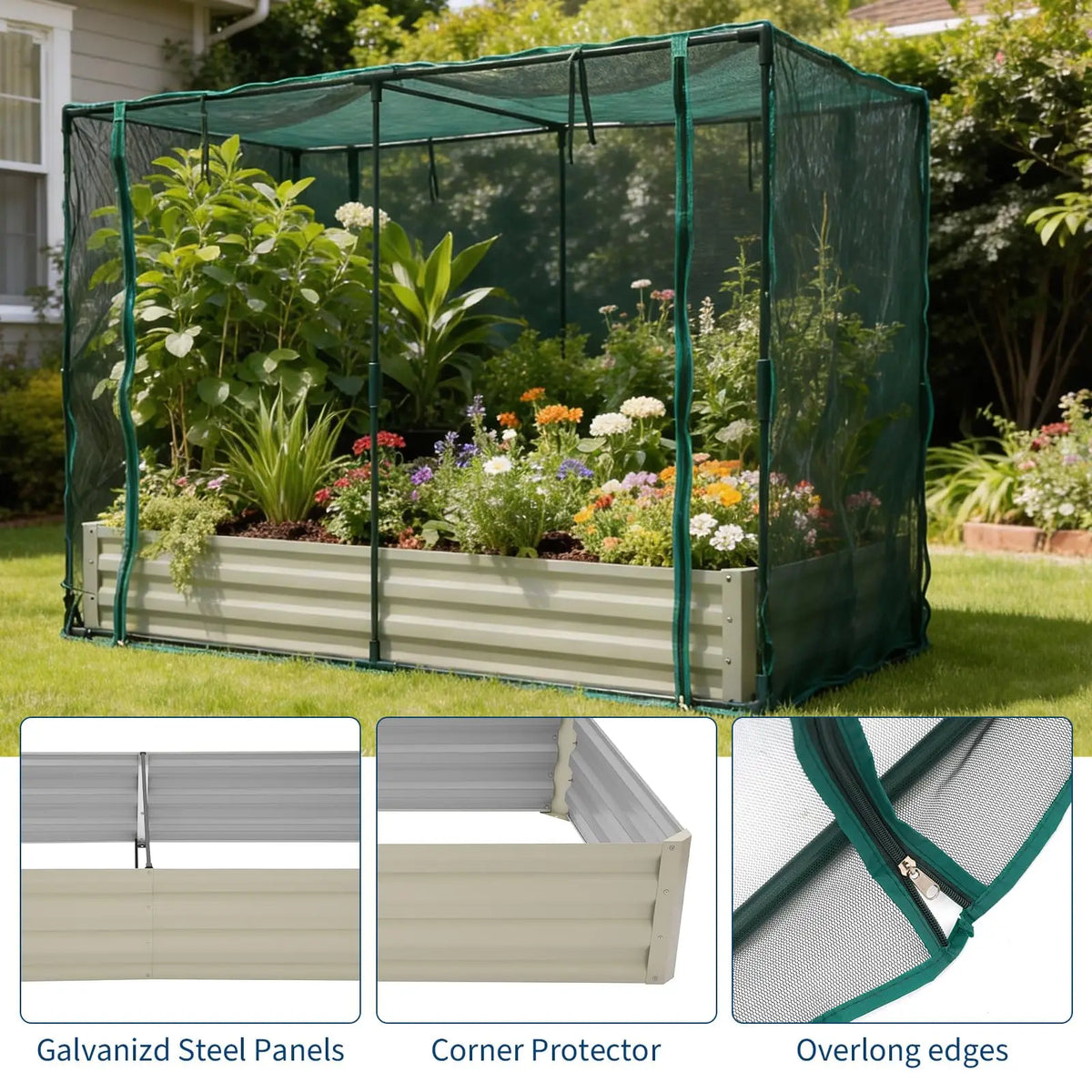 Raised Garden Bed with Plant Netting Cover, 6 x 3 x 1 ft Garden Bed Cover with Zippered Door, Shade Canopy & Frame, Easy to Install, for Vegetables Fruits