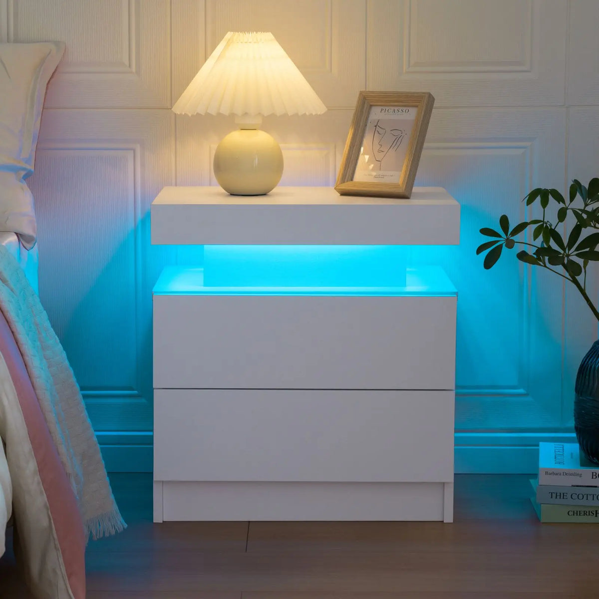 Cubehom Modern LED Nightstand With Two Drawers And RGB Lighting