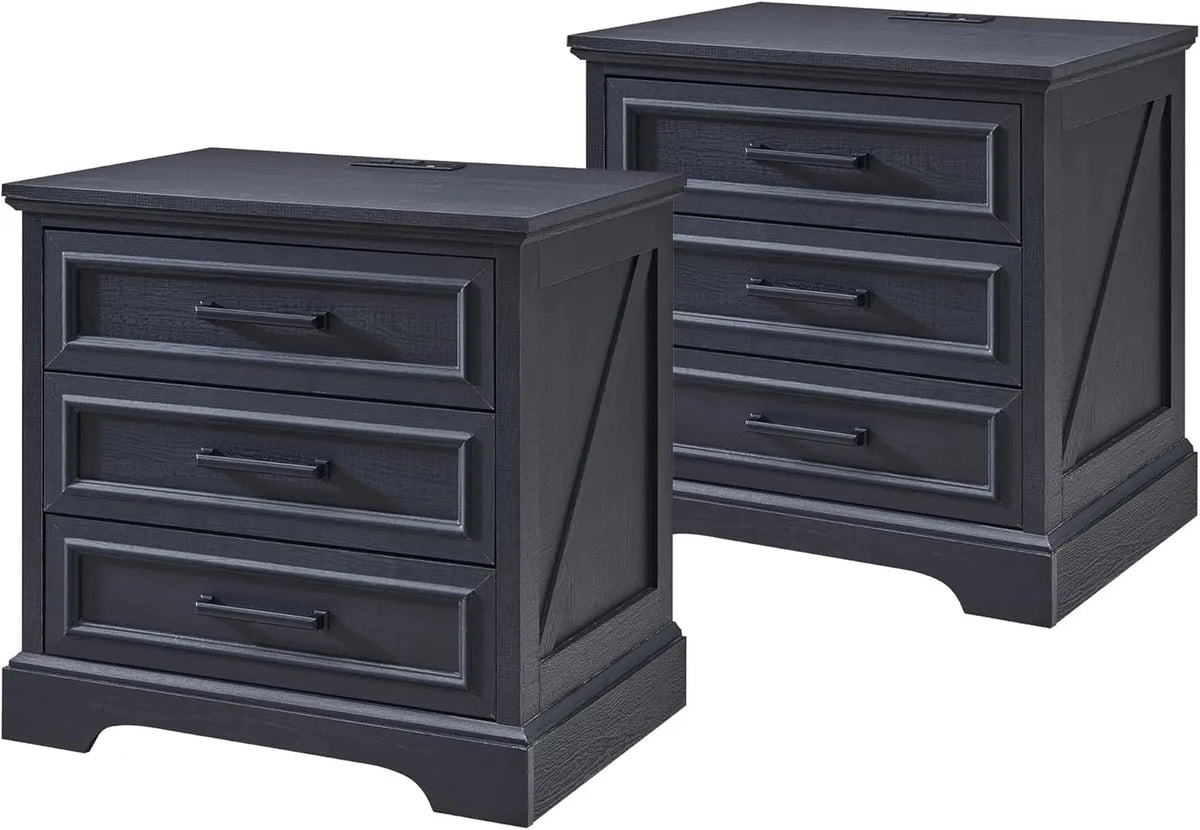 ACCOHOHO Farmhouse Nightstand With Charging Station And Storage Drawers