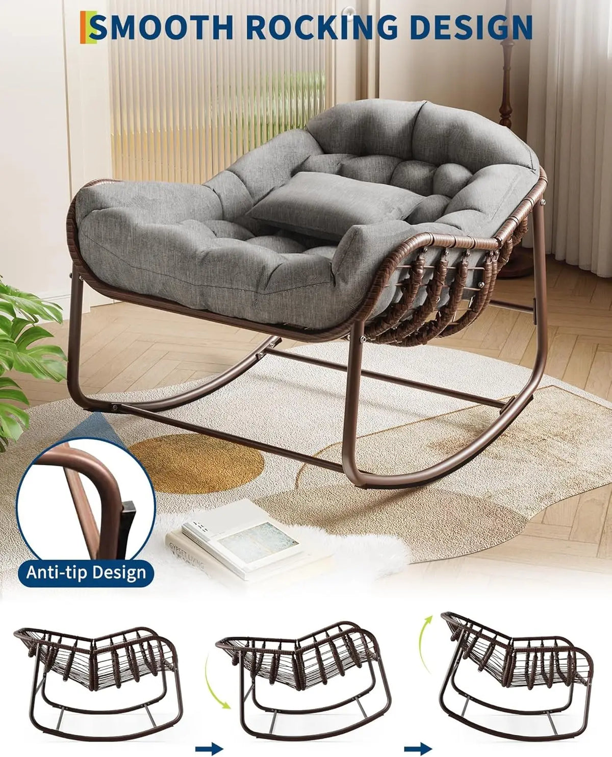 HiMISS Outdoor Papasan Egg Rocking Chair With UV Resistant Cushion
