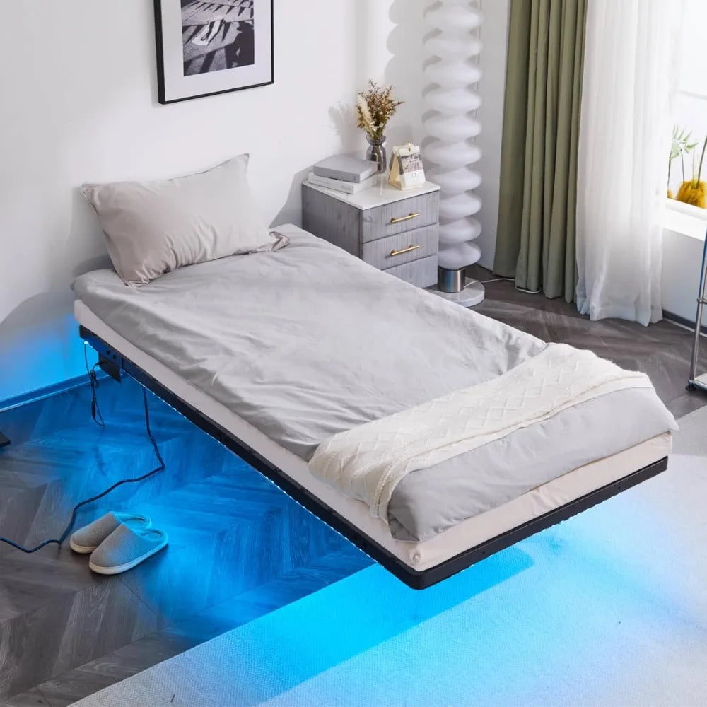 14 Inch Twin Floating Bed Frame with USB Charging Station/LED Lights, Single Platform Bed Foudation Base, Customized