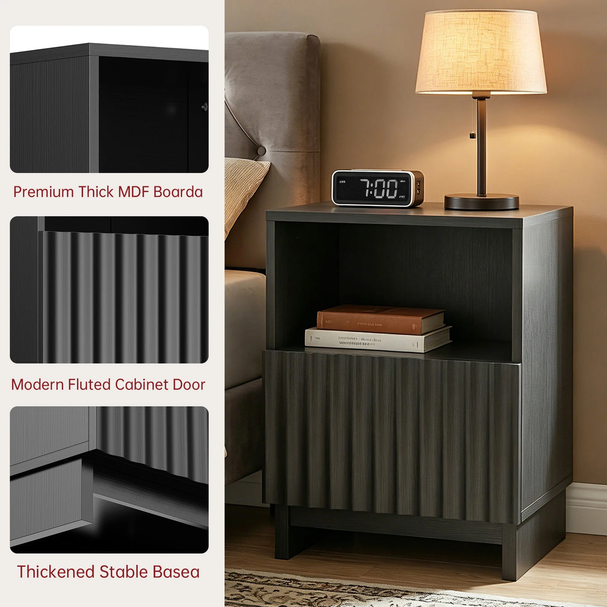 TinyNest Fluted Nightstand With Drawers And Open Shelf