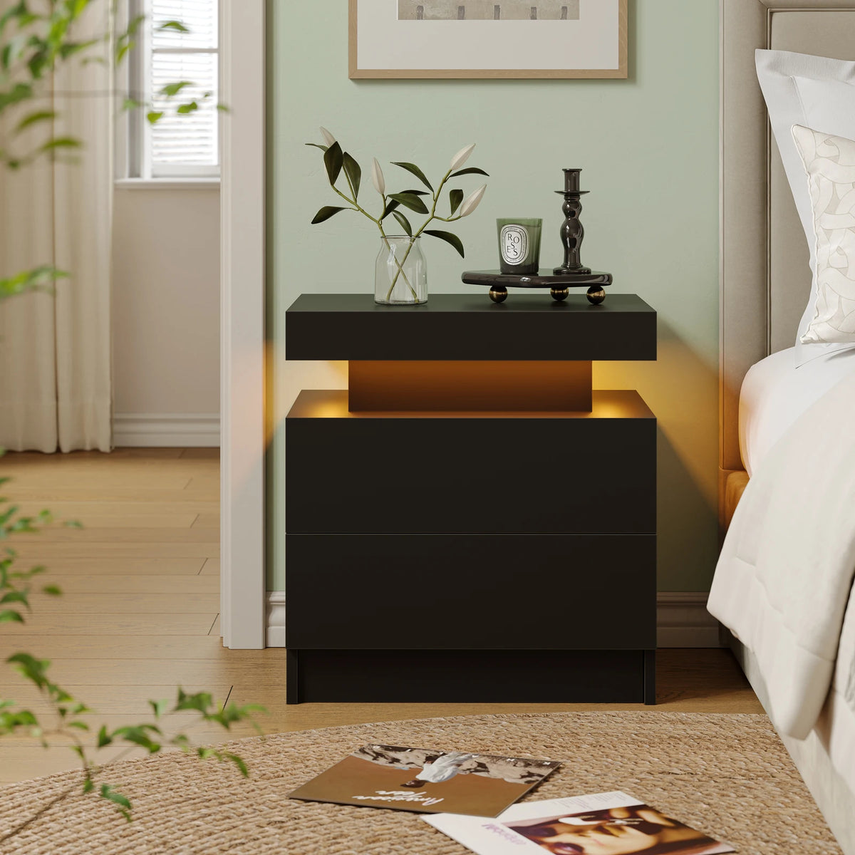 Cubehom Modern LED Nightstand With Two Drawers And RGB Lighting