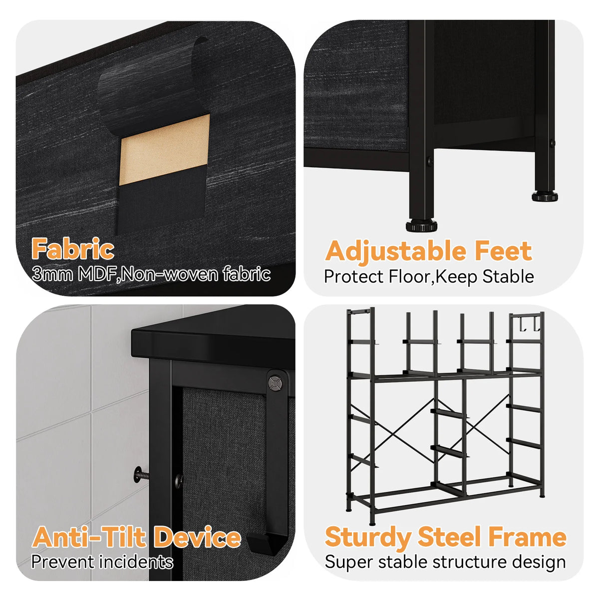 Fabric Drawer Dresser With Side Pockets And Hooks For Storage
