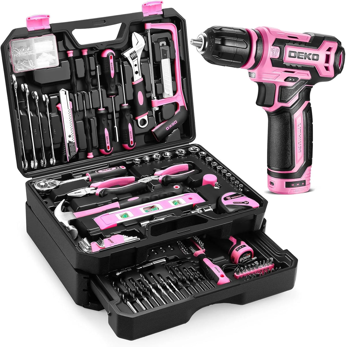 DEKO Cordless Drill and Home Repair Tool Kit With Storage