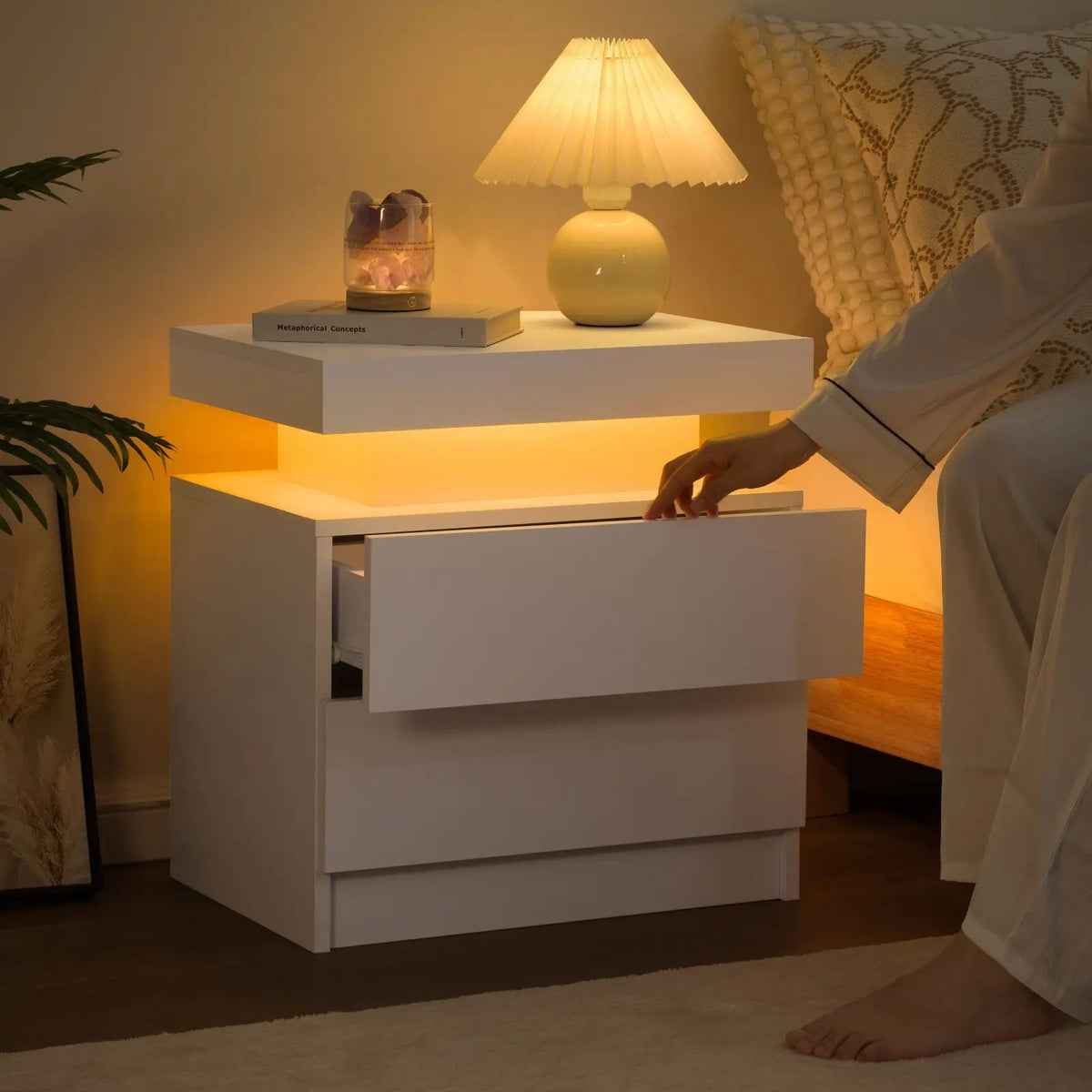Cubehom Modern LED Nightstand With Two Drawers And RGB Lighting