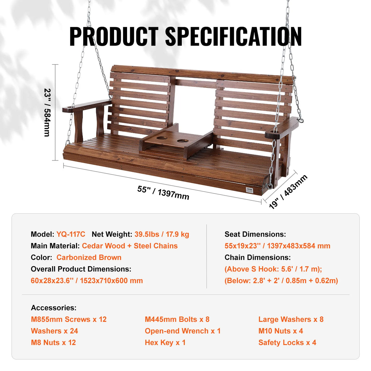 SucceBuy Wooden Porch Swing With Steel Chains For Outdoor Gardens