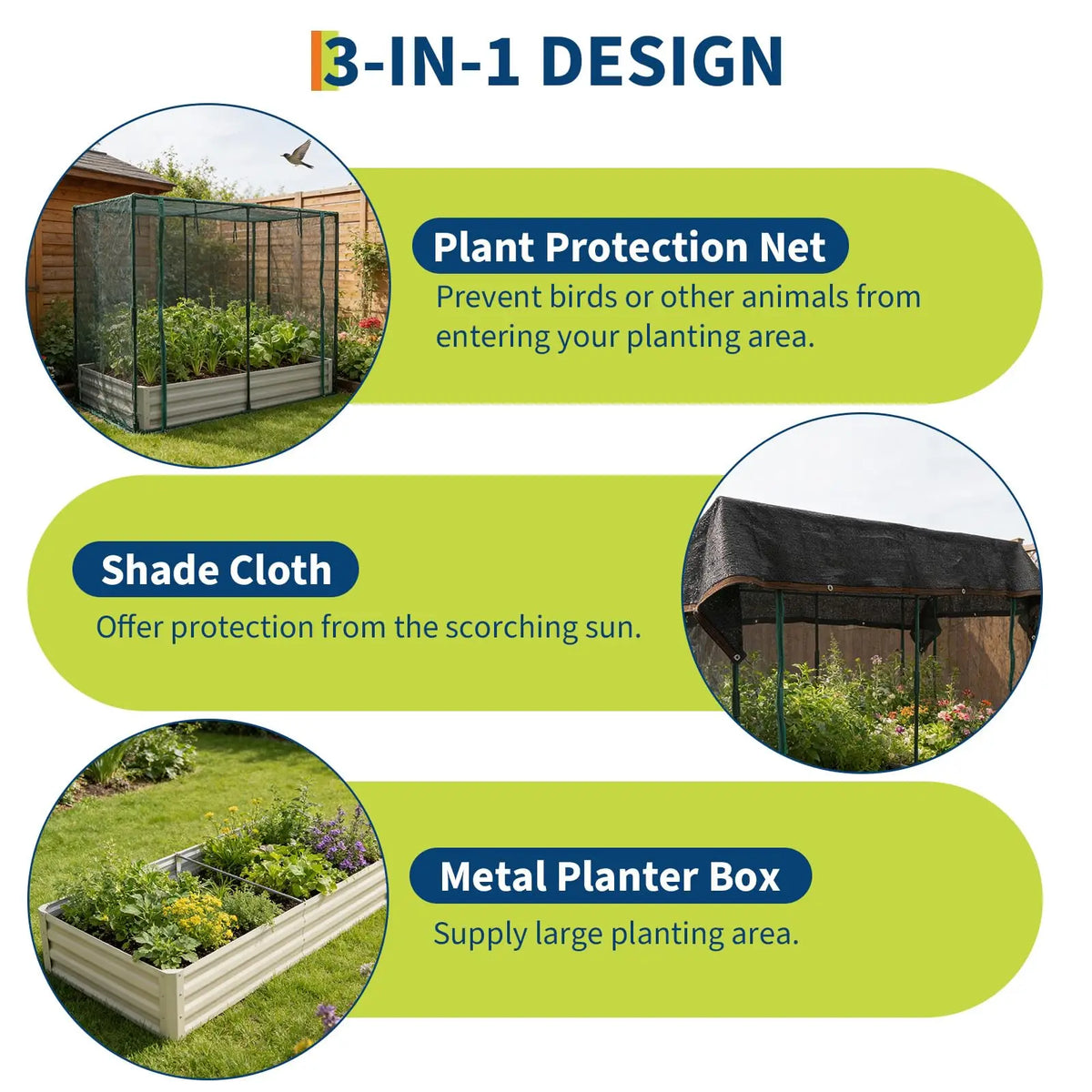 Raised Garden Bed with Plant Netting Cover, 6 x 3 x 1 ft Garden Bed Cover with Zippered Door, Shade Canopy & Frame, Easy to Install, for Vegetables Fruits