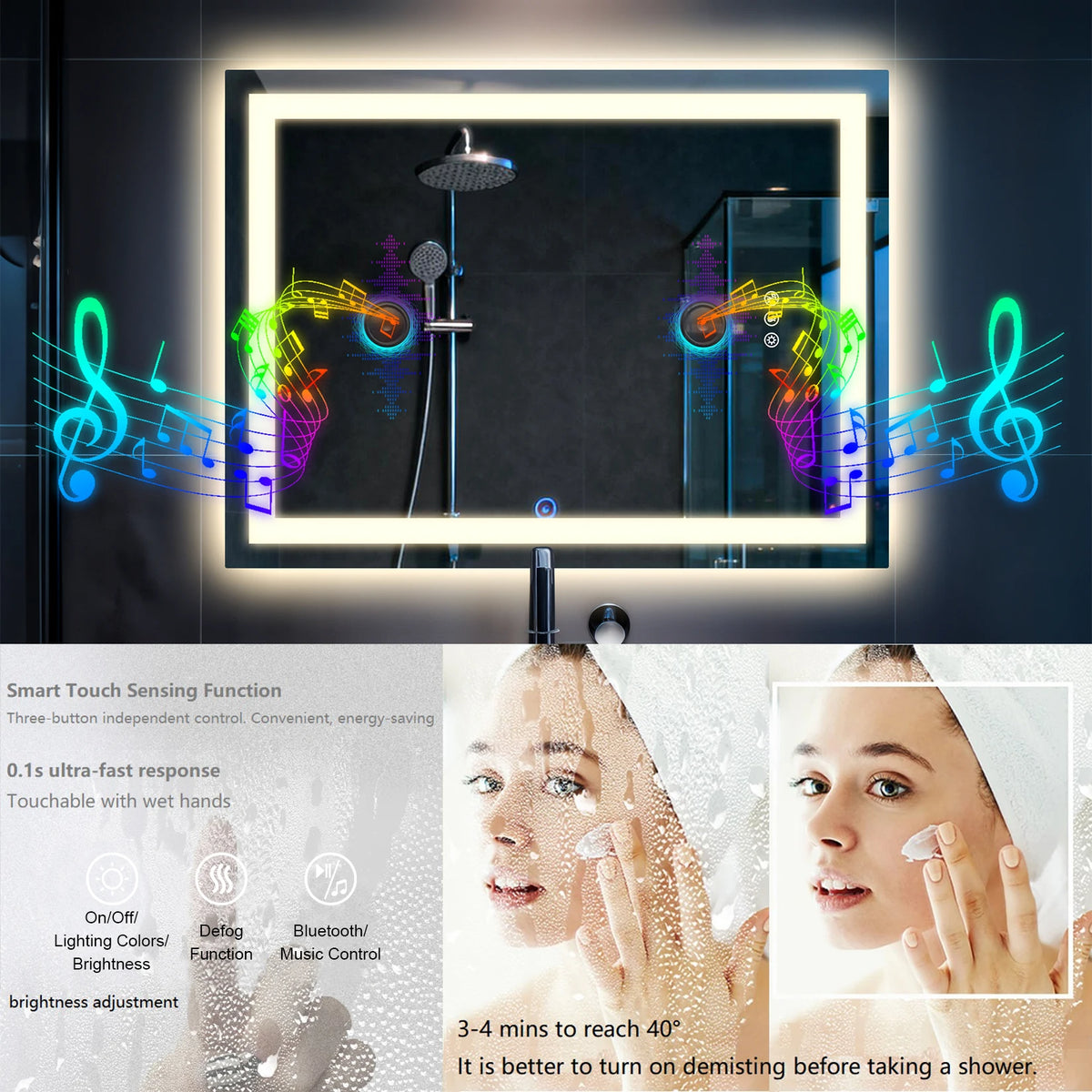 BORWART LED Bathroom Mirror With Anti Fog And Dual Speakers