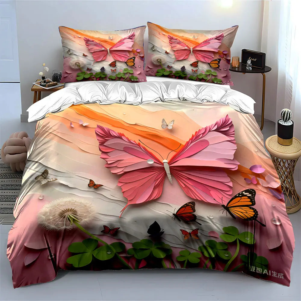 Pink Butterfly Themed Three-Piece Decoration Set  kid's and adults' bedroom decor, Exquisite three-piece bedding set gift
