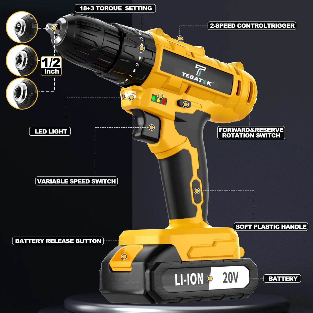 TEGATOK 45Nm Cordless Impact Drill With LED Two Speed Control