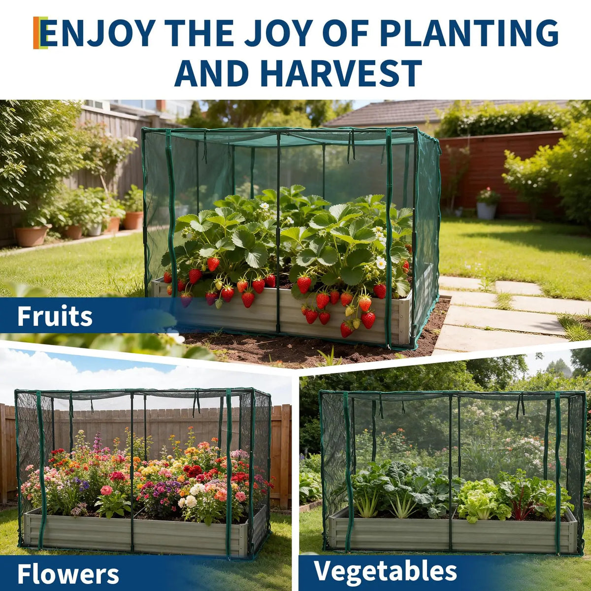 Raised Garden Bed with Plant Netting Cover, 6 x 3 x 1 ft Garden Bed Cover with Zippered Door, Shade Canopy & Frame, Easy to Install, for Vegetables Fruits