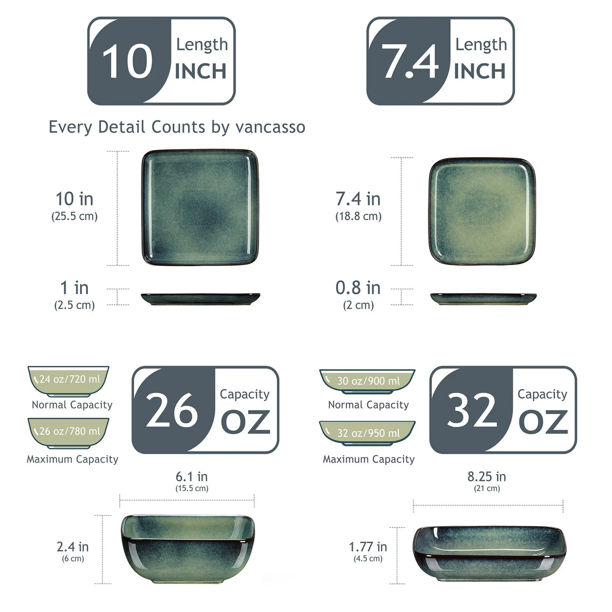 Vancasso Ceramic Square Kiln Glaze Dinnerware Set for Everyday Dining