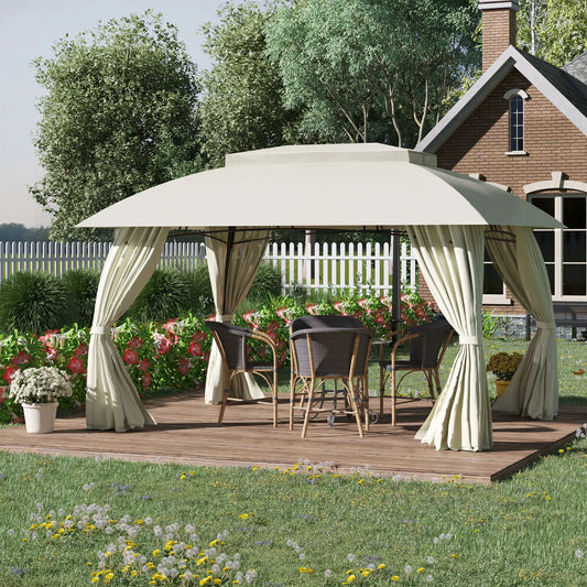 Double Vented Steel Patio Gazebo Canopy Shelter With Curtains
