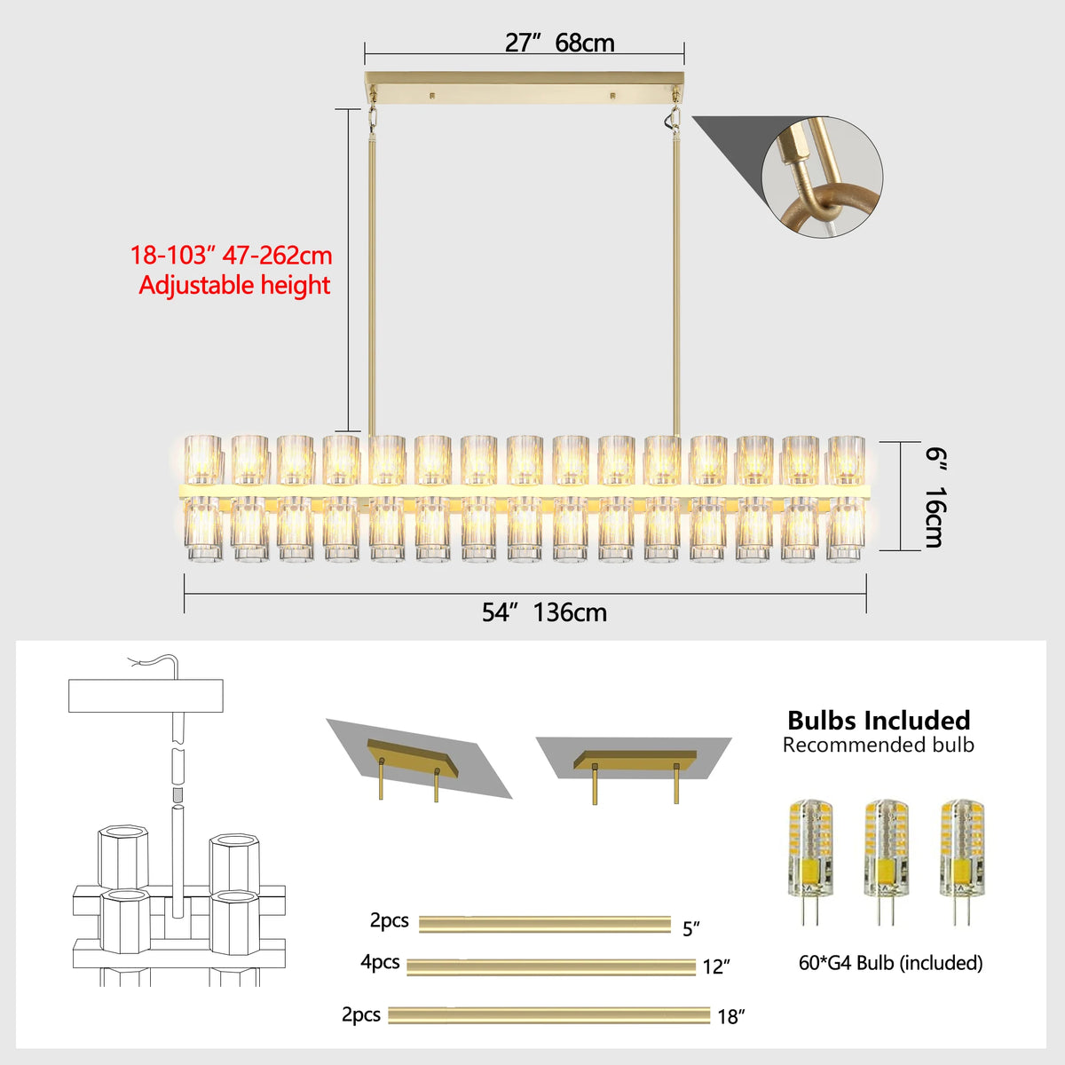 ZHIKEA Modern Crystal Pendant Light LED Ceiling Fixture