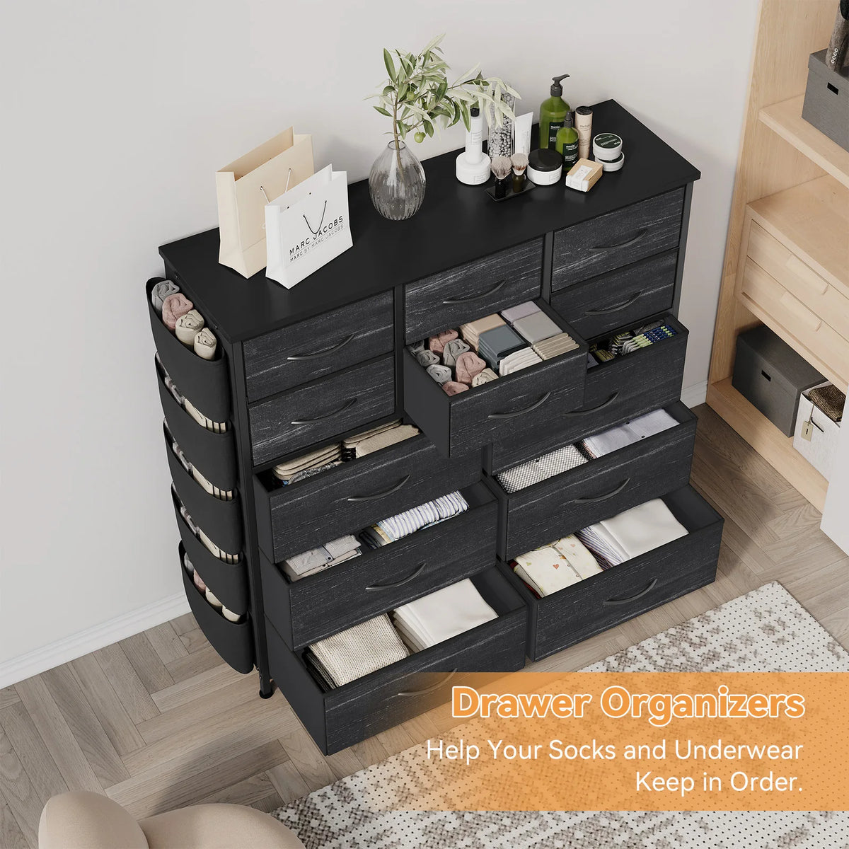 Fabric Drawer Dresser With Side Pockets And Hooks For Storage