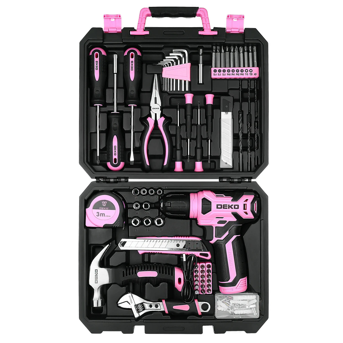 DEKO 126Pcs Power Tool Combo Kits with 8V Cordless Drill,10MM 3/8'' Keyless Chuck,Professional Home Household DIY Hand Tool Kits
