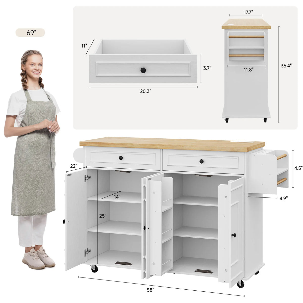 Mobile Kitchen Island Cart With Drop Leaf Power Outlet Storage