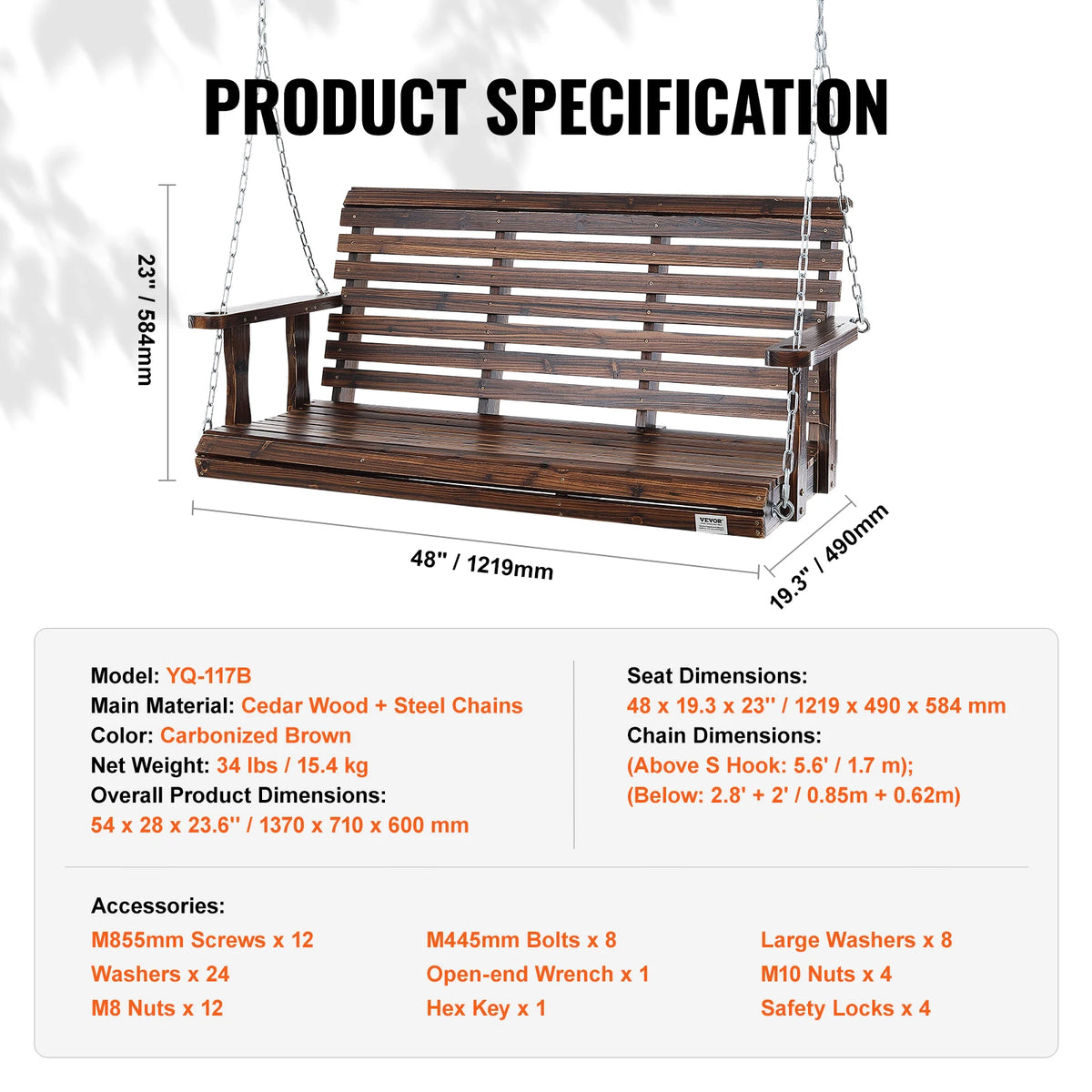 SucceBuy Wooden Porch Swing With Steel Chains For Outdoor Gardens