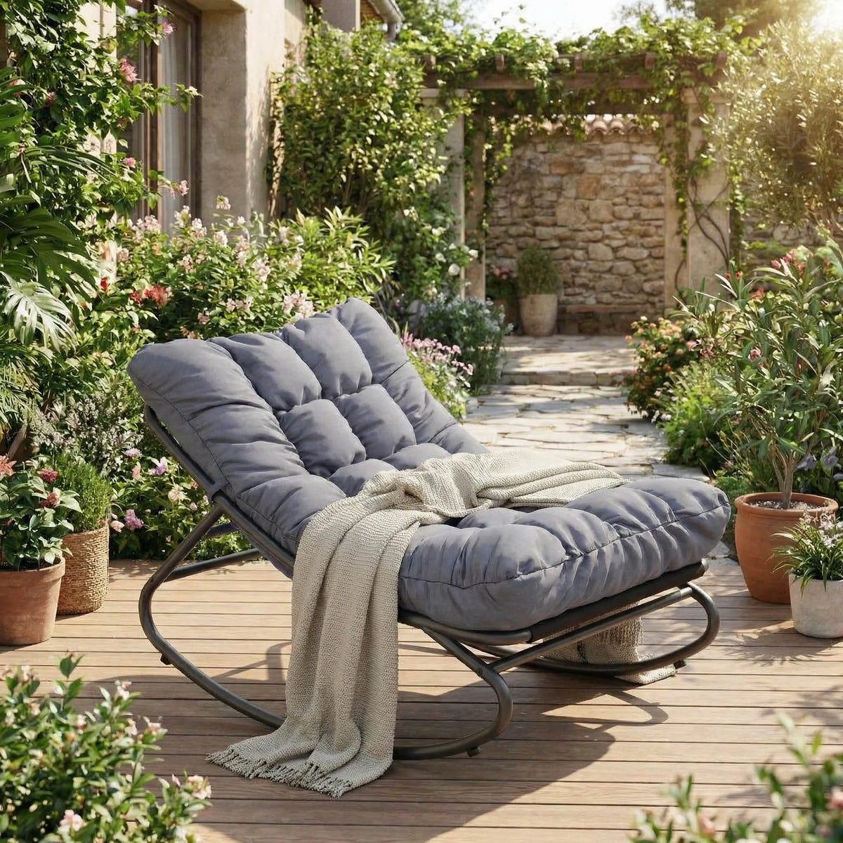 HiMISS Outdoor Metal Rocking Chair With Waterproof Cushion