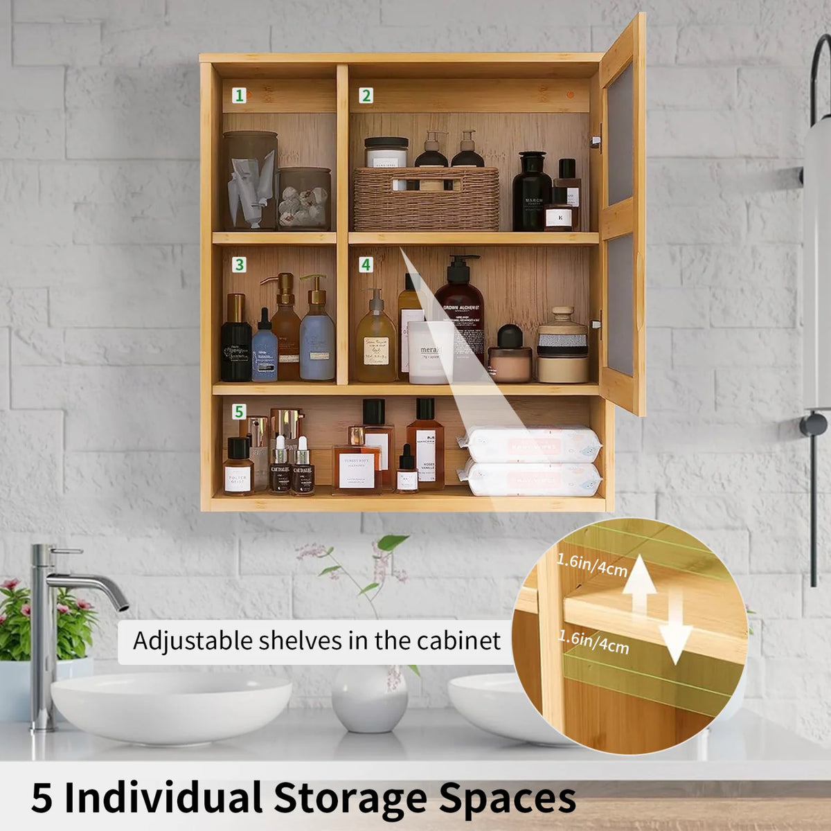 Bamboo Wall Mounted Bathroom Cabinet With Mirror And Adjustable Shelf