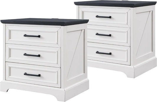 ACCOHOHO Farmhouse Nightstand With Charging Station And Storage Drawers