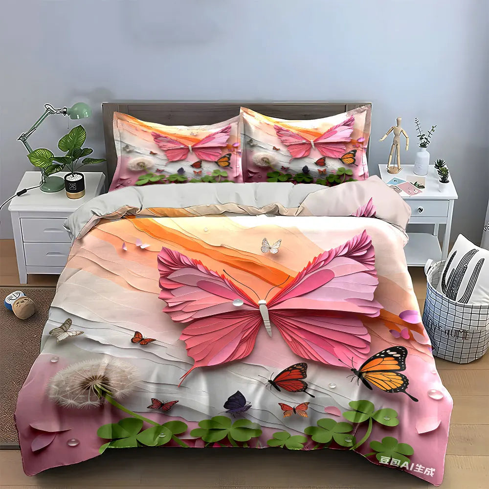 Pink Butterfly Themed Three-Piece Decoration Set  kid's and adults' bedroom decor, Exquisite three-piece bedding set gift