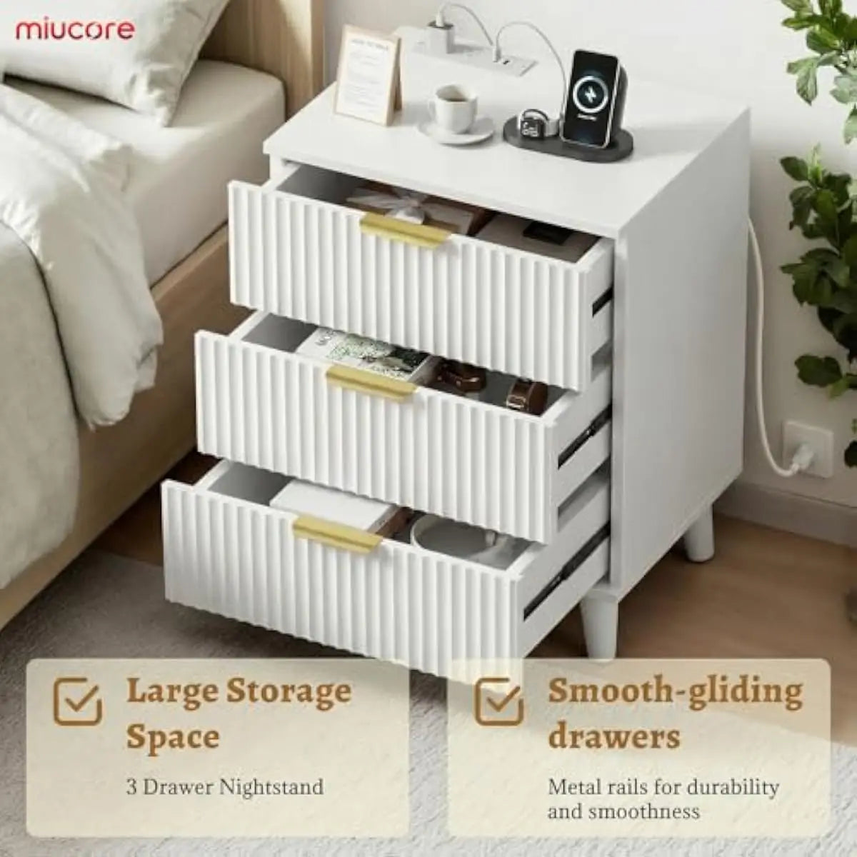 White fluted nightstand duo 15.7x19.7x26.3 in with triple soft-close drawers USB AC charging ports waterproof laminate MDF frame