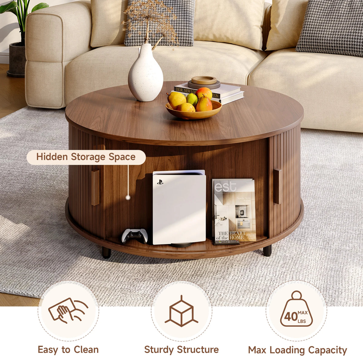 ONBRILL Modern Round Coffee Table With Storage And Sliding Door