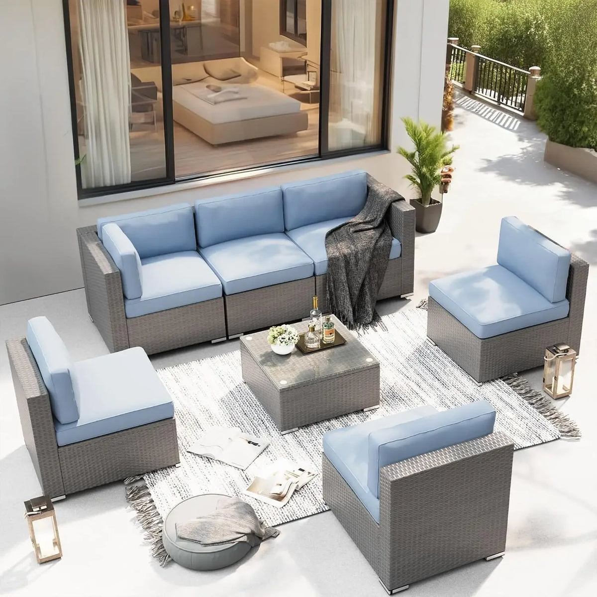 Outdoor Patio Wicker Sectional Sofa Set With Coffee Table