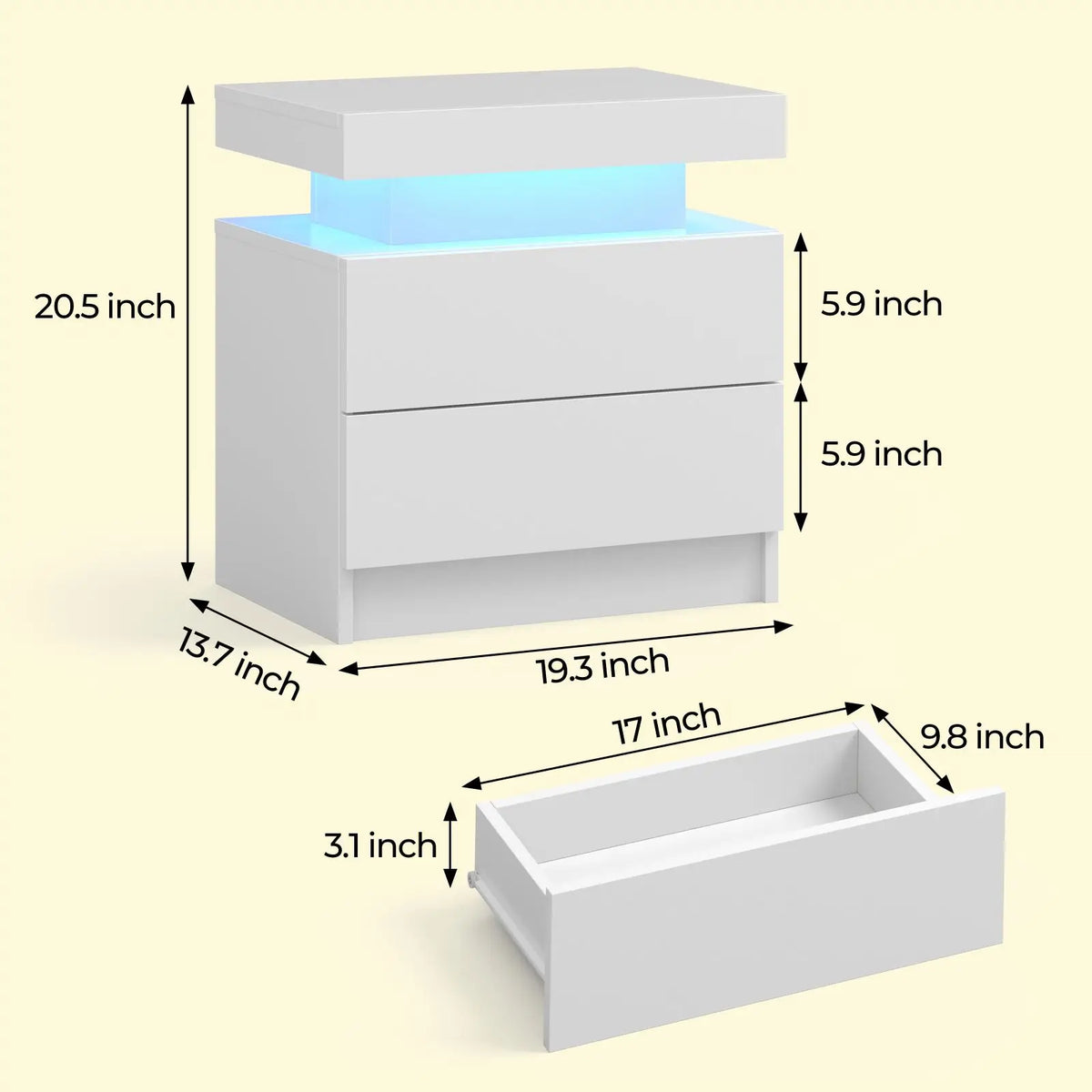 Cubehom Modern LED Nightstand With Two Drawers And RGB Lighting