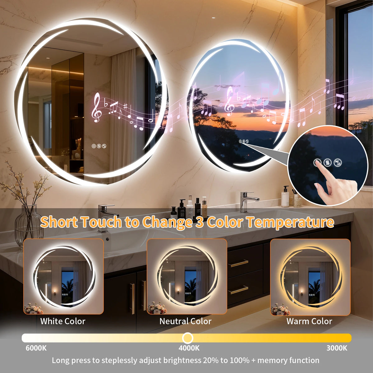 LED Bathroom Mirror Tempered Glass 32” Round Bluetooth Mirror with Double Speakers, 3 Color, Dimming, Defog, Memory Function