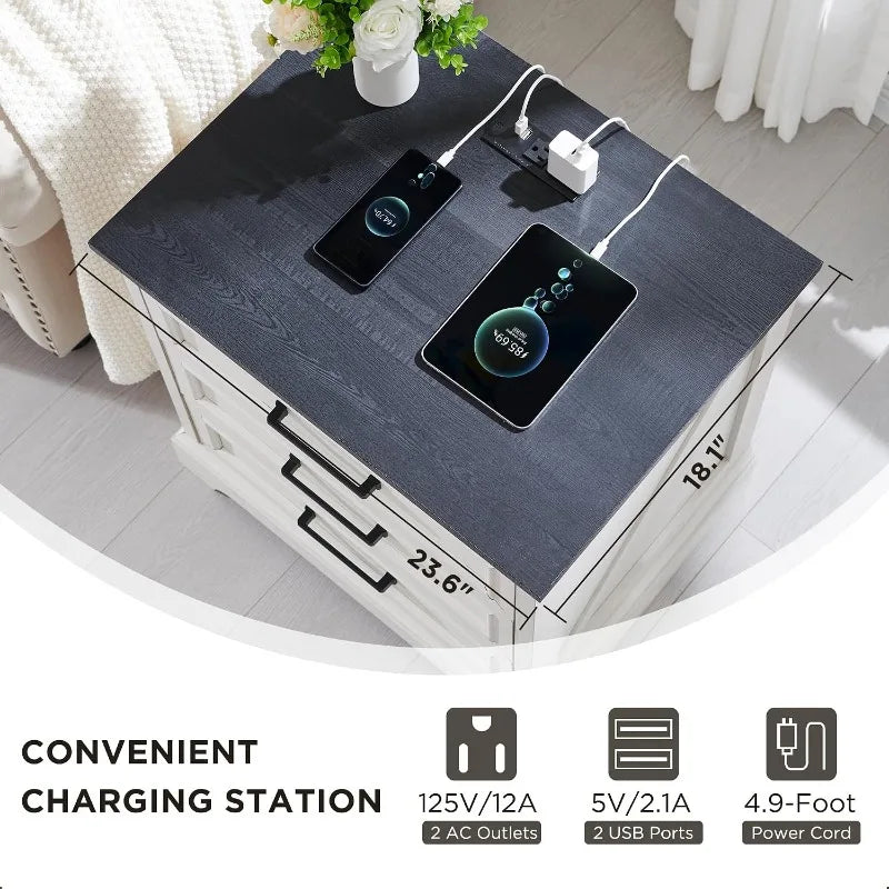 ACCOHOHO Farmhouse Nightstand With Charging Station And Storage Drawers