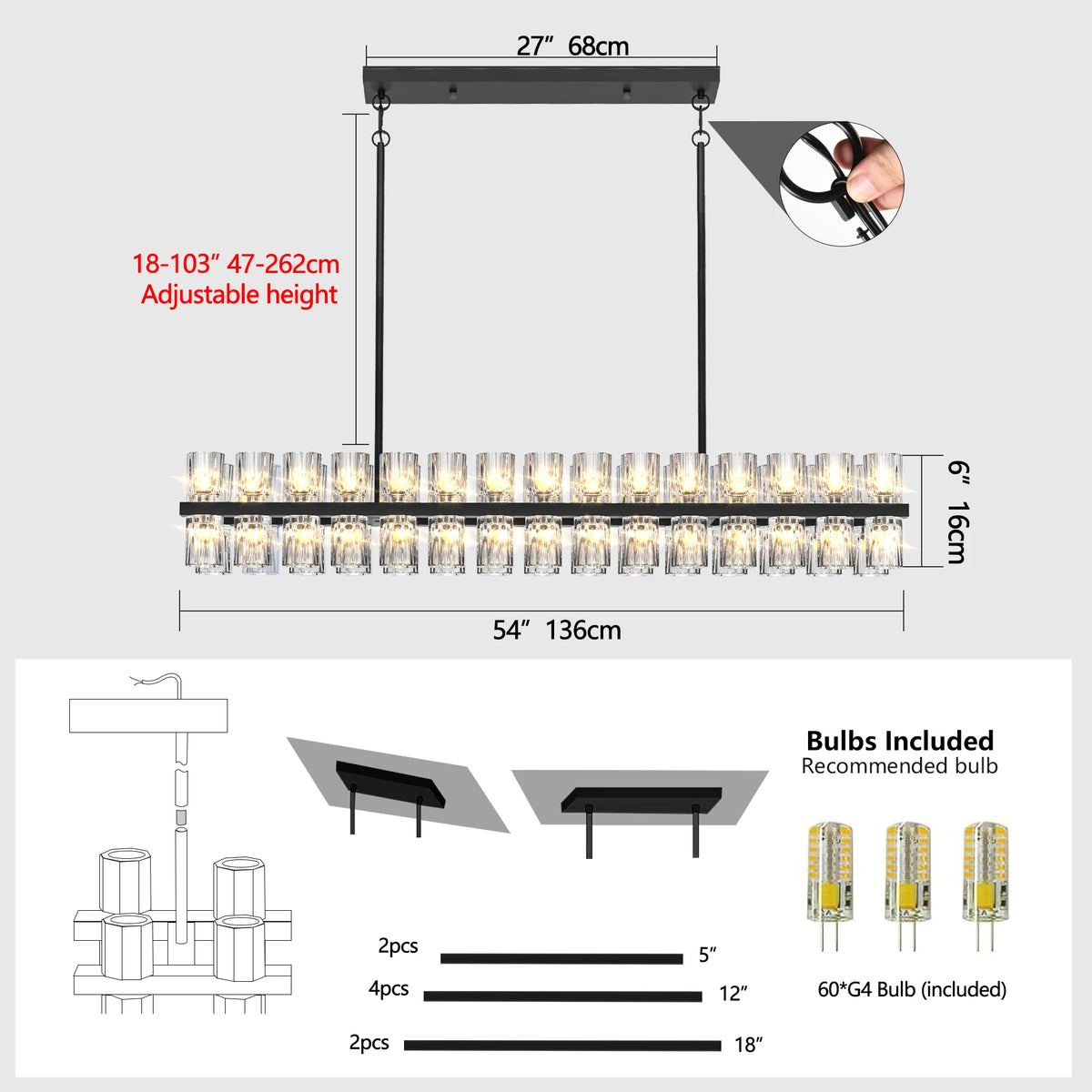 ZHIKEA Modern Crystal Pendant Light LED Ceiling Fixture