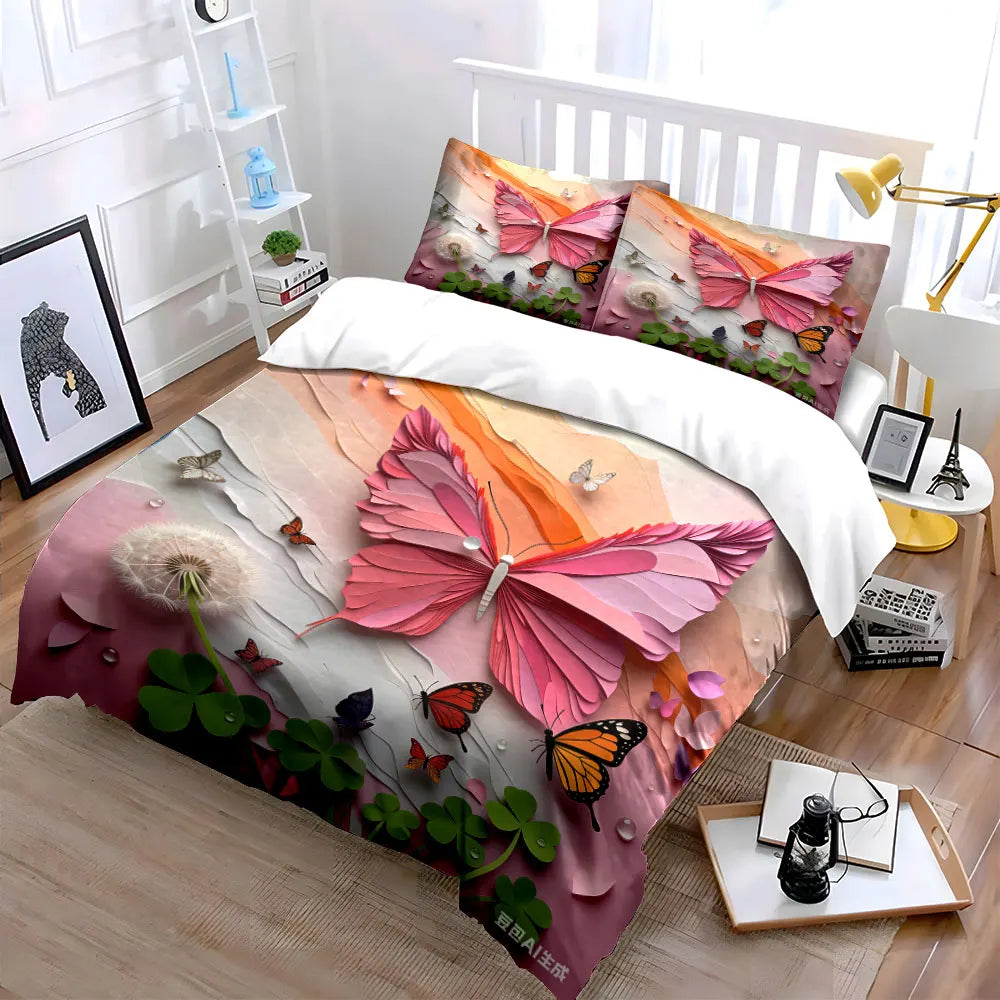 Pink Butterfly Themed Three-Piece Decoration Set  kid's and adults' bedroom decor, Exquisite three-piece bedding set gift