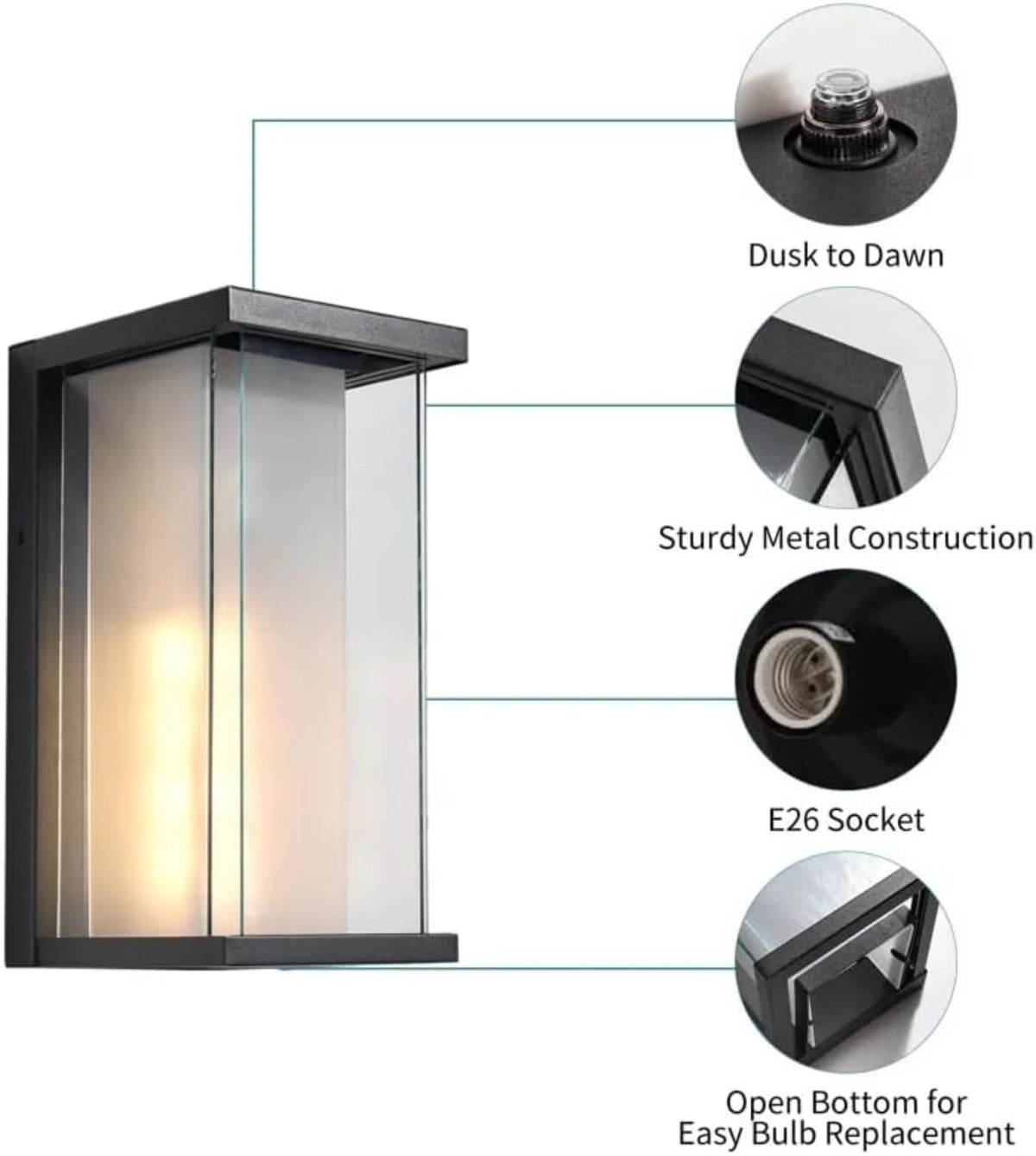 2 Pack Dusk to Dawn Outdoor Sconce, 13.3" Black Modern Wall Light with Auto Night-On Sensor, Waterproof Exterior Fixture for Porch Garage (No Bulb)