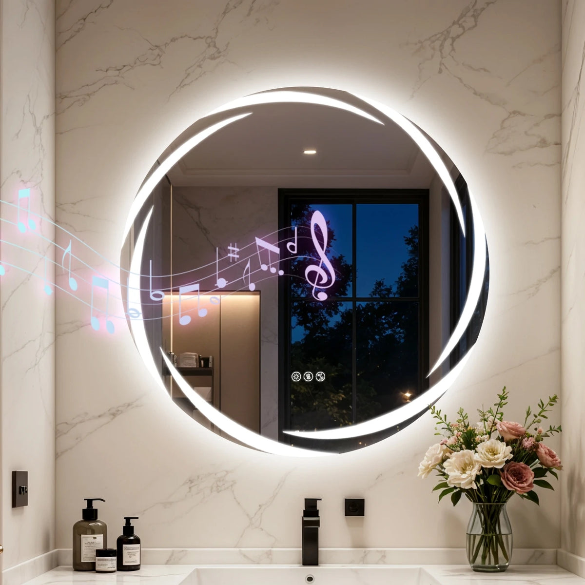 LED Bathroom Mirror Tempered Glass 32” Round Bluetooth Mirror with Double Speakers, 3 Color, Dimming, Defog, Memory Function